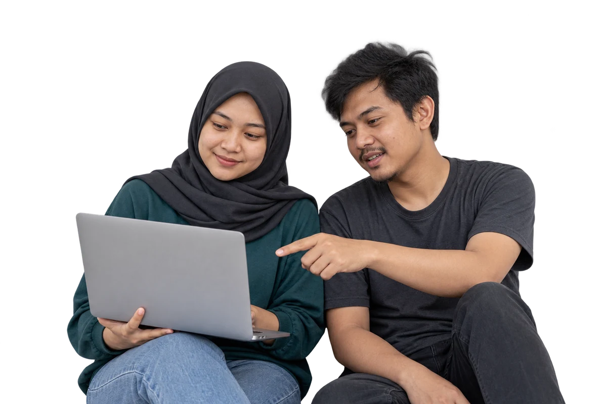 Ilustrasi AI pekerja kreatif lokal dengan laptop, bukan foto tim